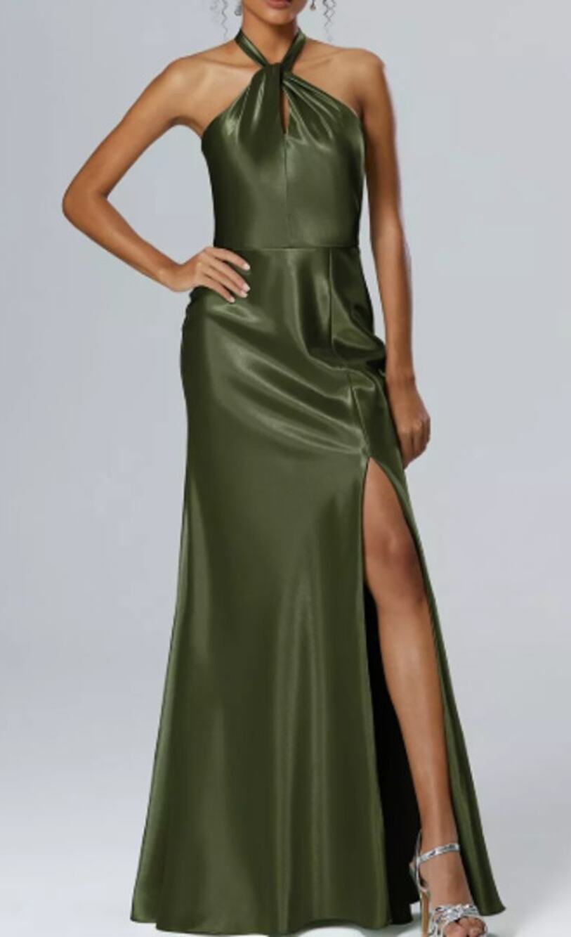 AW BRIDAL Sz 4 S green olive Lawrence crystal satin halter maxi dress NEW B57